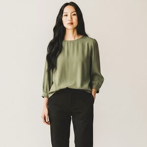 Vintage Rena Rowan for Saville 100% Silk Olive Blouse with Button Details